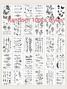 Random 10pcs Black Butterfly Floral Text Small Pattern Temporary Tattoo Stickers, Finger Wrist Body Small Area Temporary Tattoos, Halloween Decoration Accessories, Halloween Makeup - Black - View 11