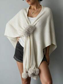 SEREN Women's New Elegant Versatile Shawl, Pom Pom Design Knit Top, Suitable For Daily Wear And Gatherings - Beige - View 5