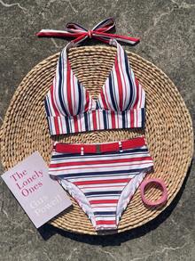 Summer New Women's Striped Halter High Waist Bikini Set With Belt, Elegant Casual, Suitable For Beach Or Pool Wear - Multicolor - View 3