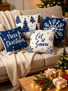 4/2pcs Christmas Pillow Covers Blue & White Design With Christmas Tree, Snowflake, Reindeer Patterns Suitable For Christmas Scene Atmosphere Decoration Winter Holiday Sofa Home Decor Theme Party - multicolor - View 1