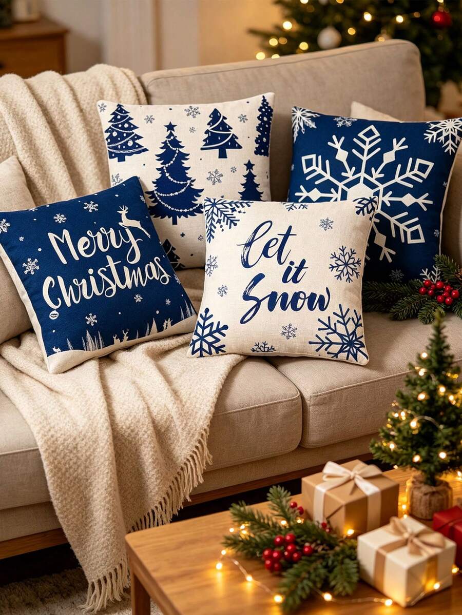 4/2pcs Christmas Pillow Covers Blue & White Design With Christmas Tree, Snowflake, Reindeer Patterns Suitable For Christmas Scene Atmosphere Decoration Winter Holiday Sofa Home Decor Theme Party - multicolor - View 1