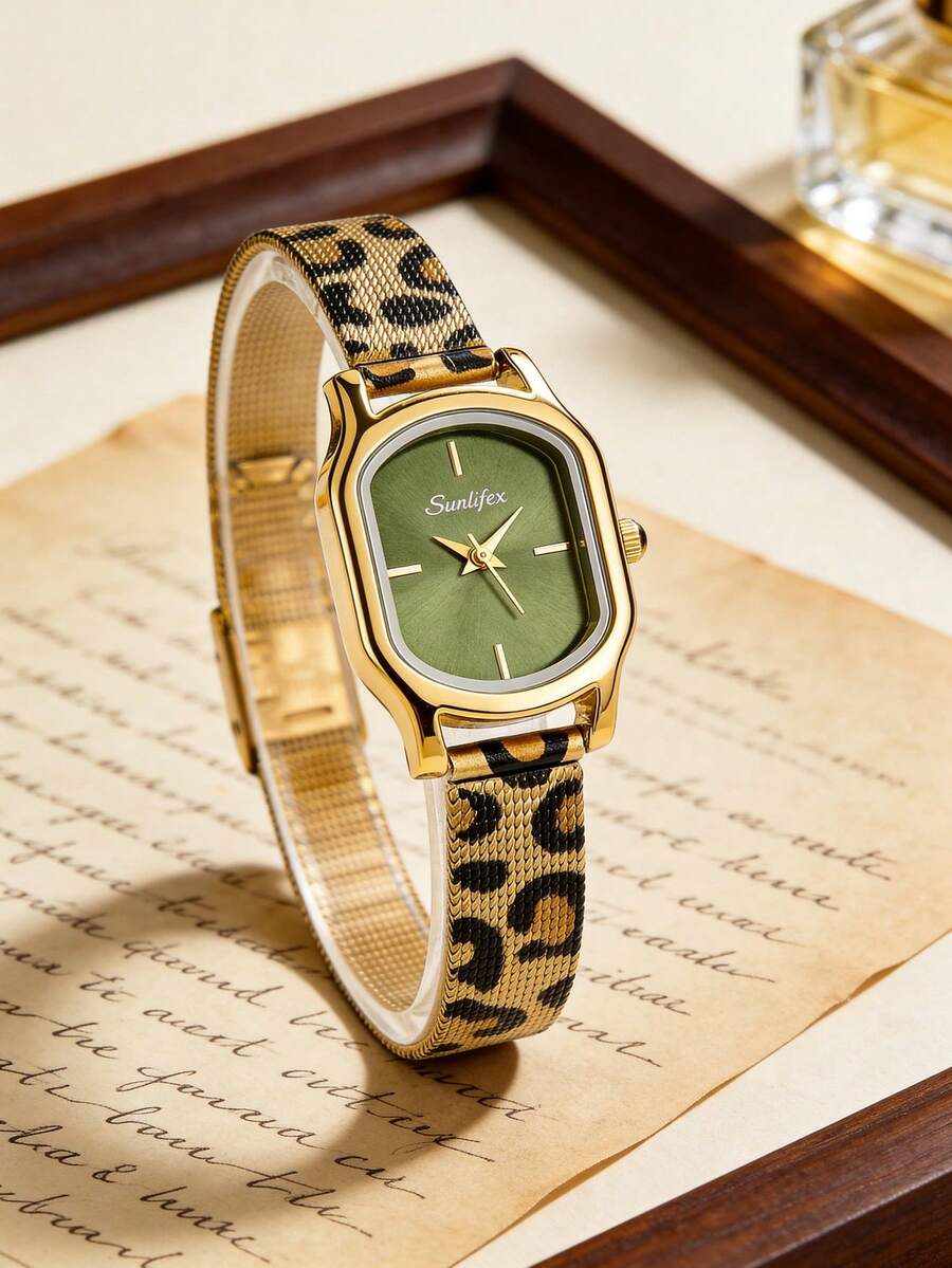 1pc Women's Oval Retro Quartz Watch, Gold Alloy Case, Fashionable Green Dial, Leopard Print Metal Mesh Strap, Suitable For Daily Wear And Gift Giving - Green - View 1