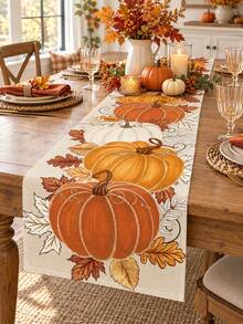 1pc Pumpkin Fall Table Runner, Rustic Autumn Linen Table Runner, Rectangular Farmhouse Thanksgiving Table Decor, Harvest Pumpkin Leaf Dining Tablecloth Runner For Fall Thanksgiving Dinner Party Home Kitchen - Multicolor - View 4