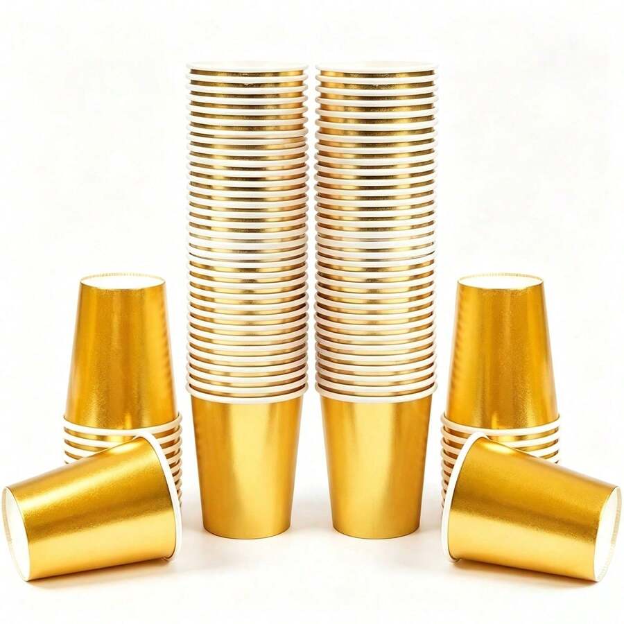 100/80/50/40/30/25/20/15/10/5pcs Gold Paper Cups, Multi-Functional Paper Cups For Drinks, Juice, Milk, Wedding Birthday Baby Shower Party Favors, Suitable For Various Theme Holiday Parties, Picnic, Camping, Applicable For Home Kitchen, Restaurant Tableware - Gold - View 1