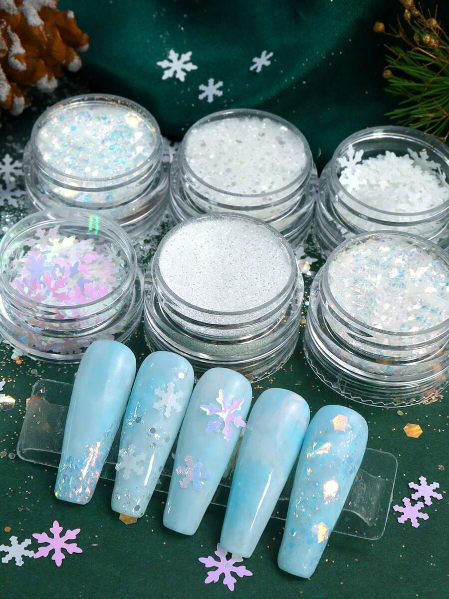 6件組白色雪花聖誕美甲亮片，閃光細粉 DIY 冬季美甲配件 - 白色 - 查看 1