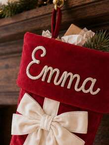 1pc Customized Name Velvet Christmas Stocking With Large Bow, Embroidered Name Christmas Hanging Stocking For Home Fireplace Decor, Family Holiday Christmas Gift - Multicolor - View 5