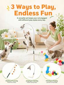 7Alas 4Pcs Interactive Cat Toy Set, Feather Teaser Wand & Plush Puffball Launcher With 20 Soft Balls, Lightweight Handheld Exercise Training Kitten Toys For Indoor Chasing Pouncing Home Playroom Fun - Multicolor - View 3