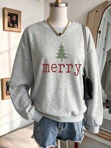 Plus Size Women's Daily Christmas Tree Prints Round Neck Long Sleeve Casual Spring/Fall/Winter Hoodie Outfits For Women Tops For Women - Light Grey - View 3