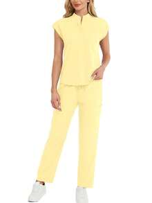 Solid Color Notch V-Neck Cap Sleeve Top And Pants Scrub Set 2 Pieces - Yellow - View 5