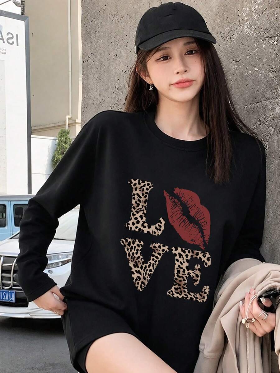 女款春/秋季寬鬆版型圓領時尚休閒百搭豹紋字母圖案長袖T恤黑色 - 黑色 - 查看 1
