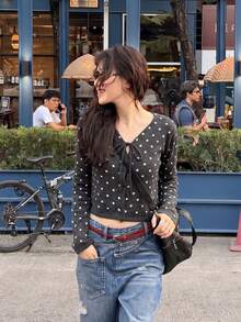 Women's Black Polka Dot V-Neck Tie-Front Knit Top, Short Slim Fit Flattering Blouse, Spring/Autumn Outerwear Layer - Black - View 3
