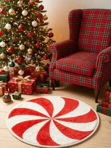Round Burgundy Christmas Tufted Rug With Checkered Border, Snowman, Gingerbread, Gift And Candy Cane Plush Design - Red - View 2