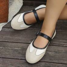 Women's Vintage Contrast Color Fine Plaid Solid Color Round Toe Single Strap Flat Low-Cut Mary Jane Shoes, French Style Daily Commute Spring Autumn Beige Fabric - White - View 4