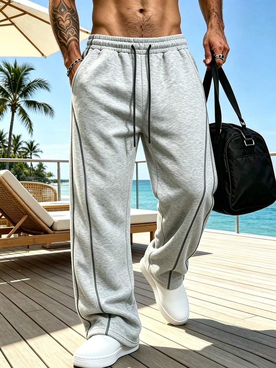 Relaxed Fit All-Day Men's Wide Leg Sweatpants With Side Contrast Stripe Design, Adjustable Drawstring Waist, Large Pockets, Light Exercise Sports - Light Grey - View 1