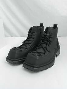 Black Square Toe Boots With Gradient Distressed Toe Cap, Contrast Color Thick Rope Shoelaces, Side Hidden Zipper, Thick Sole Design, Structured Silhouette, Clean Stitching, Men's Casual Winter Boots For Daily Wear And Style - Black - View 3