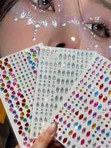 3/1Sheets 3D Rhinestone Face Body Gem Stickers,Shiny Multi‑Color Crystal Rhinestone With Water Droplet Shape, Heart-Shaped, Aurora Circular, Horse Eye Self‑Adhesive Jewel Decals, Festival Rave Party Makeup Decor For Face, Body, Nail & DIY Craft - Multicolor - View 2
