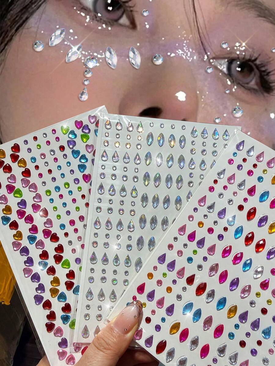 3/1Sheets 3D Rhinestone Face Body Gem Stickers,Shiny Multi‑Color Crystal Rhinestone With Water Droplet Shape, Heart-Shaped, Aurora Circular, Horse Eye Self‑Adhesive Jewel Decals, Festival Rave Party Makeup Decor For Face, Body, Nail & DIY Craft