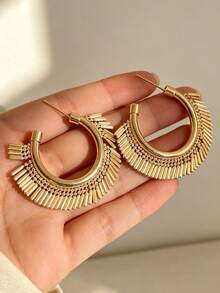 JOJELOO 1 Pair Fashion Large Hoop Metal Ring With Layered Bead Tassel Earrings, Long Tassel Teardrop Shape Tassel Earrings, Wedding Accessories - Earrings - View 8