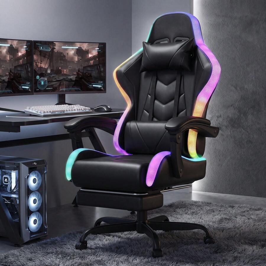 Devoko LED Gaming Chair With Massage, Computer Chair With Footrest And Massage Lumbar Cushion, Racing Gamer Chair Ergonomic With Adjustable Headrest, Office Chair Gaming Chair 130 Kg Load Capacity - Black - View 1