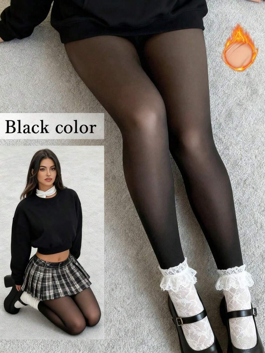 Women's Warm Lining, Thick Fleece Leggings, Winter Warm Socks, High Waist Elastic Semi-Sheer Tights - Multicolor - View 1