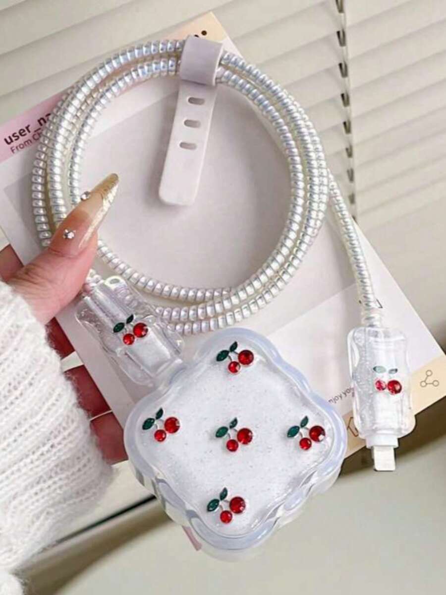 5pcs Cherry Resin Charger Protector Set Compatible With UK 20W Charger, Compatible With Iphone 17/17 Pro Max, 20W Fast Charging Head Anti-Breakage Cable Winder