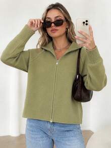 Wixra Korean-Style Slouchy Knit Cardigan Stand Collar Raglan Sleeve Double-Sided Zipper Solid Color Preppy Style Top Autumn/Winter Layering Essential - Green - View 1