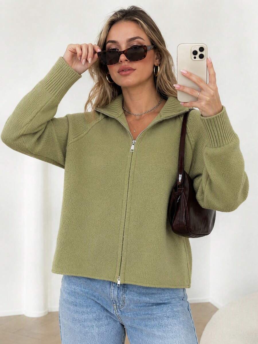 Wixra Korean-Style Slouchy Knit Cardigan Stand Collar Raglan Sleeve Double-Sided Zipper Solid Color Preppy Style Top Autumn/Winter Layering Essential - Green - View 1
