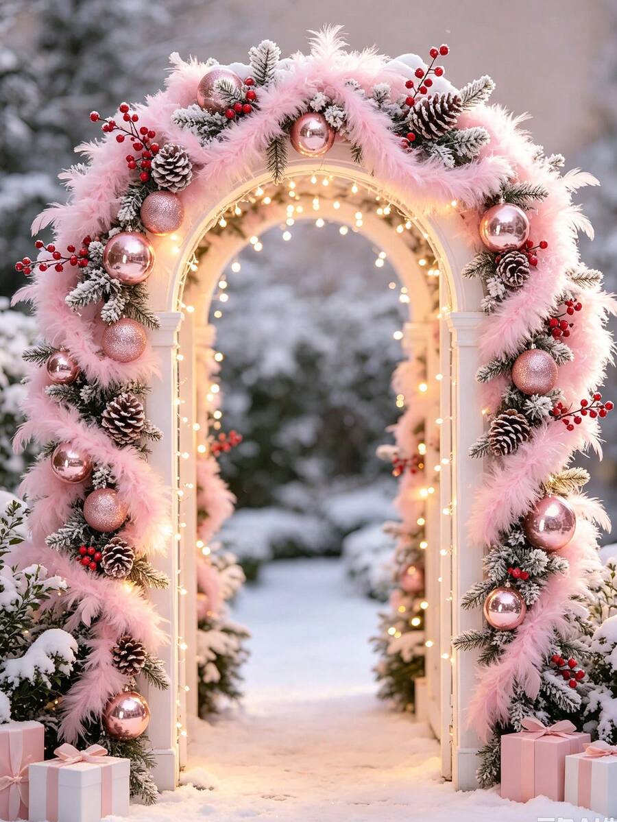 1Set Pink Metallic Christmas Garland Ribbon, Fluffy Texture, Suitable For Fireplace Mantle, Christmas Tree And Holiday Decor, Ideal For DIY Wreaths, Stairs, Fireplace, Tabletop Display, Floral Arrangement And Wedding Decoration - Multicolor - View 1