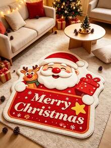 1pc Q-Version Santa Claus & Cute Reindeer Shaped Rug, Faux Wool, Decorative Rug, Bedroom Decor, Small Rug, Rug, Home Decor, Living Room Rug, Living Room Small Rug, Bedroom Rug, Living Room Home Decor, Outdoor Rug, Washable Rug - Multicolor - View 2