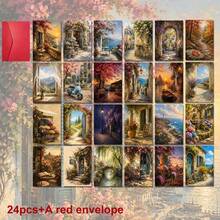 24pcs+A Red Envelope Romantic Holiday Postcards, Exquisite Landscape Patterns With Blessing Text, Suitable For Friends, Seasonal Greetings, Artistic Oil Painting Style - Sets - View 12