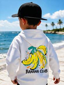 Boys' Printed Hooded Sweatshirt, Casual Banana Print Long Sleeve Pullover Sweatshirt, Suitable For Young Boy Daily Wear - White - View 2