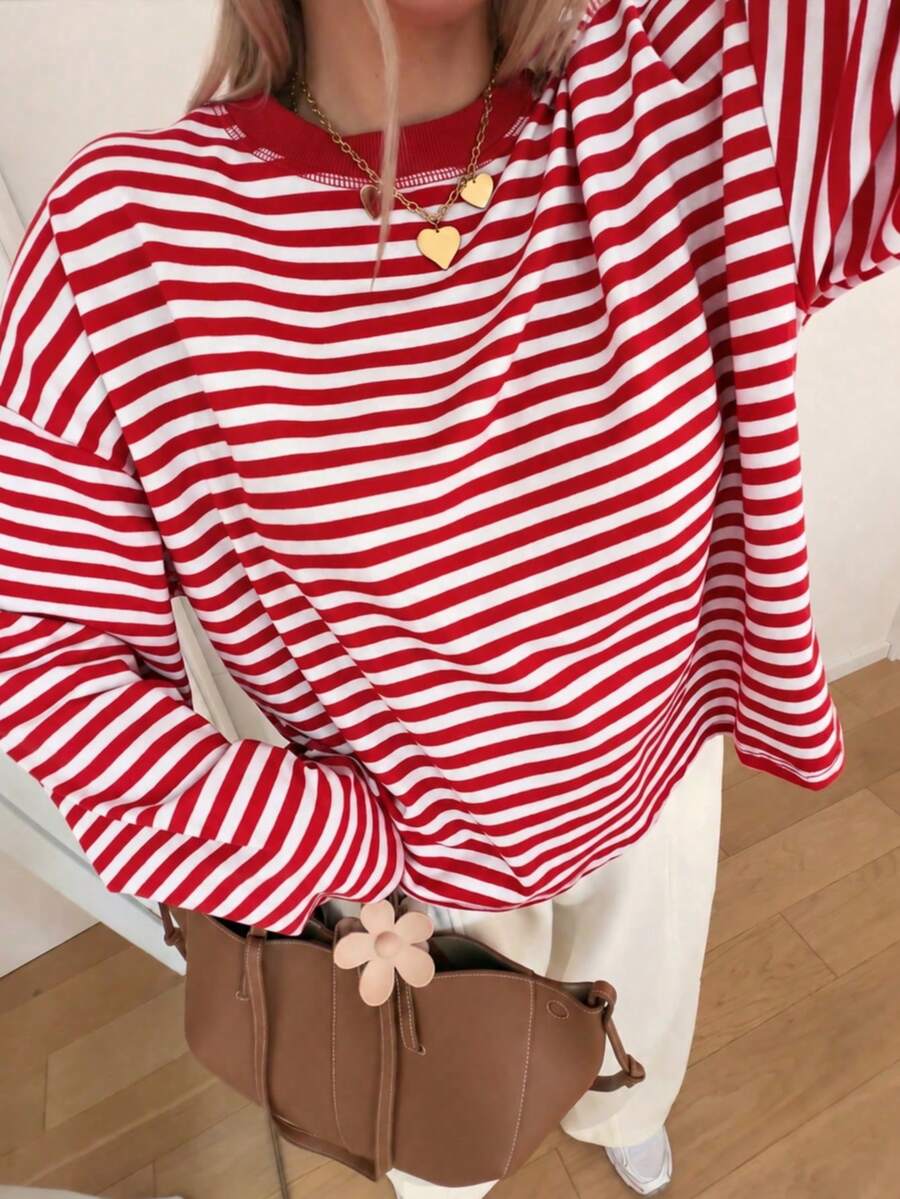 Blusa holgada de hombros caídos a rayas para uso casual, viajes y diario