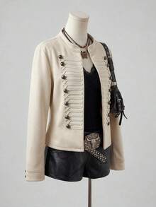 Rusttydustty Women's Apricot Vintage Bohemian Napoleon Jacket, Metal Button Decor, Suitable For Autumn And Halloween Outfits - Apricot - View 4