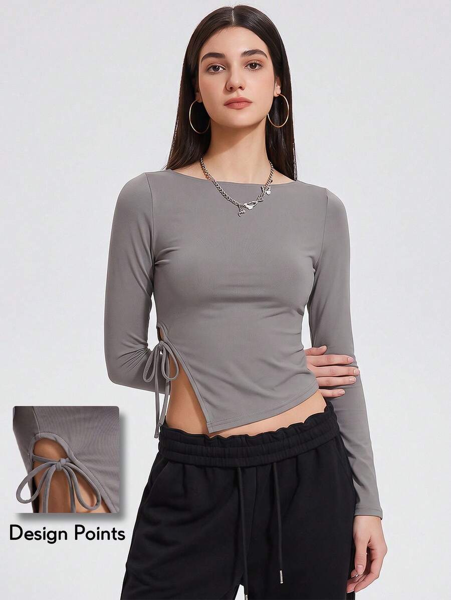 KyrLssu Women Boat Neck Long Sleeve Crop Top, Side Drawstring Cutout Slit Design Slim Fit Tee, Fashion Irregular Hem Casual Going‑Out Blouse - Grey - View 1