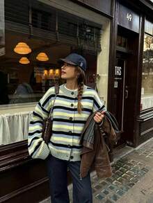 Cardigan Bergaris Warna-warni untuk Wanita dengan Detail Kancing, Pakaian Musim Gugur untuk Wanita, Busana Musim Gugur untuk Wanita, Atasan untuk Pergi Keluar, Sweater untuk Wanita, Atasan Musim Gugur - MultiWarna - View 5