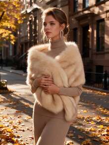 1pc Women's Winter Champagne Color Long Faux Fur Bridal Shawl Cape Coat - Champagne - View 4
