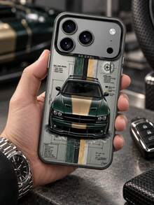 1pc Sports Car Pattern Phone Case, Classic Beige Convertible Sports Car With Green And White Vertical Striped Background, Compatible With IPhone, Galaxy, - Multicolor - View 3