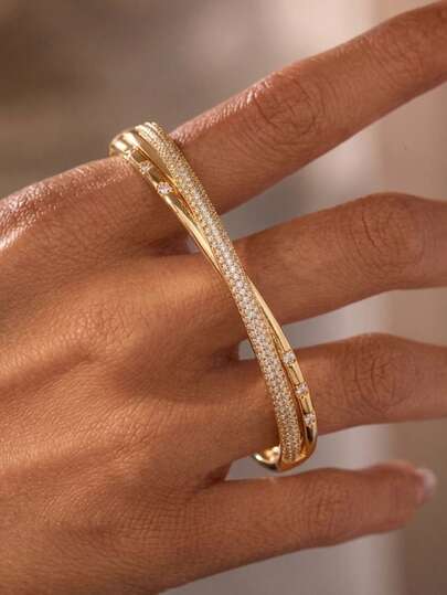 rakol 1pc Minimalist Cross Micro-Inlaid Cubic Zirconia Gold Bracelet, Elegant Personalized Women's Party Wear Bracelet