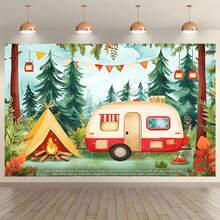 Large-Scale Camping Theme Background Cloth, Tent, Bus, Camping Design, Suitable For Indoor And Outdoor Parties, No Electricity, Suitable For Room Decoration Banner Background. - 1 - View 5