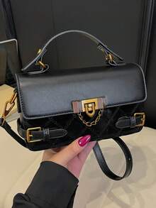 1pc Black Rhombus Quilted Mini Handbag, Vintage Gold Lock Chain Decor Top Handle Adjustable Strap Crossbody Shoulder Bag For Women - Black - View 7
