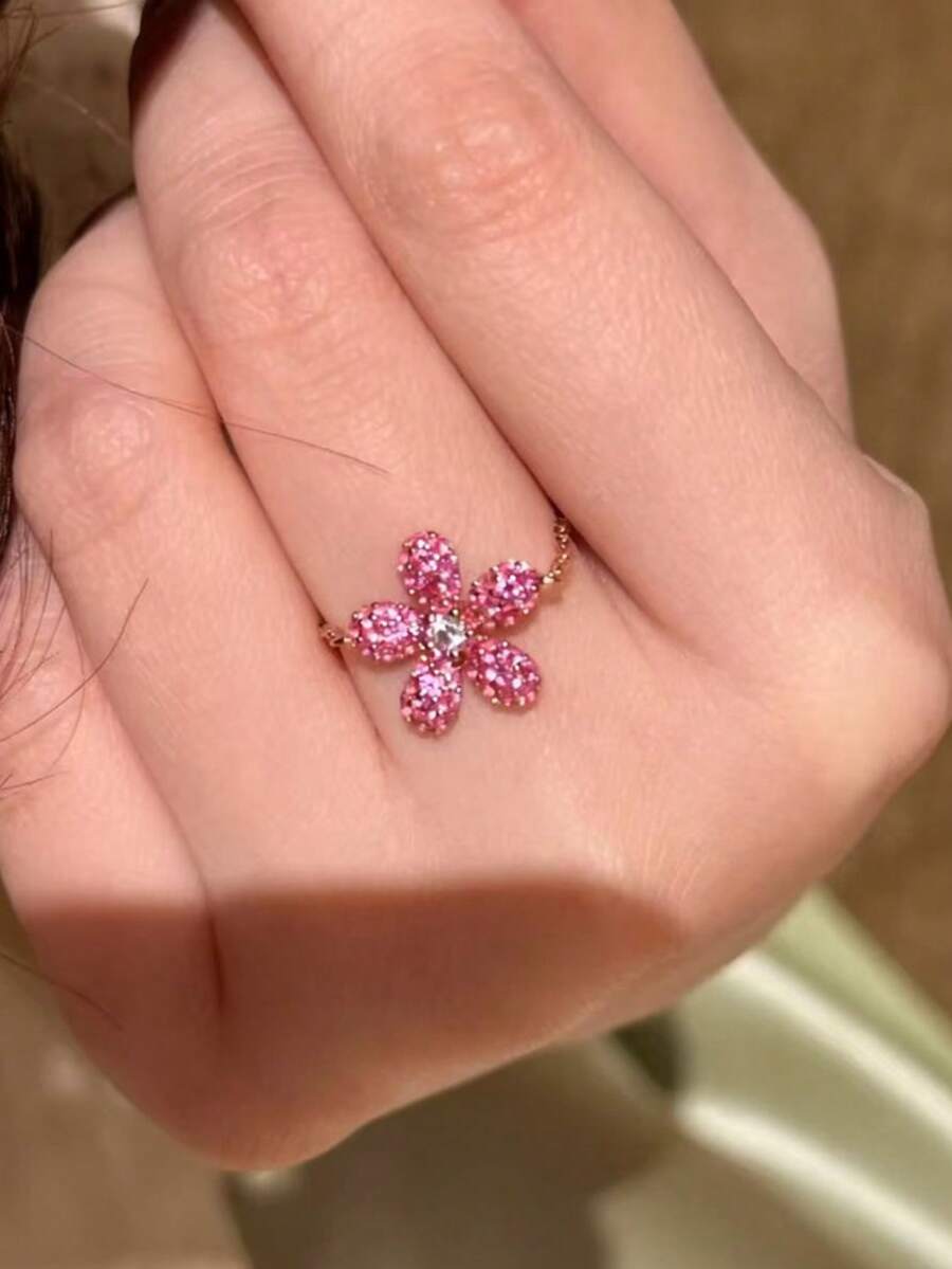 1pc Pink Floral Ring Set For Women, Fashionable Niche Fairy Style Sweet Luxury Rhinestone Decorated Handpiece - Multicolor - View 1