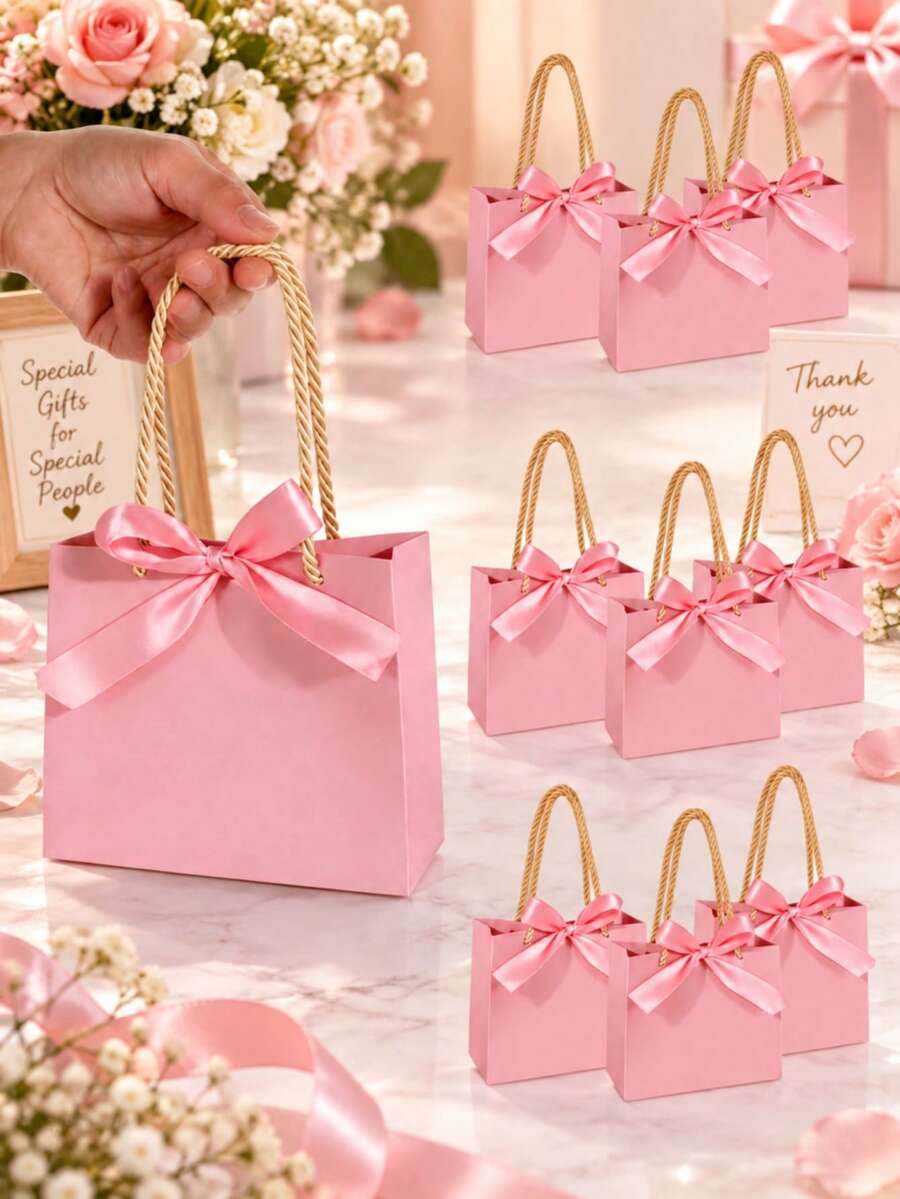 10pcs Thank You Gift Boxes With Handles, Approx. 14.9 X 6.9 X 11.9cm, Gold Foil Printed Thank You Text, Bow Decor Small Paper Boxes, Suitable For Christmas, Wedding, Birthday Party And Other Occasions (Pink)