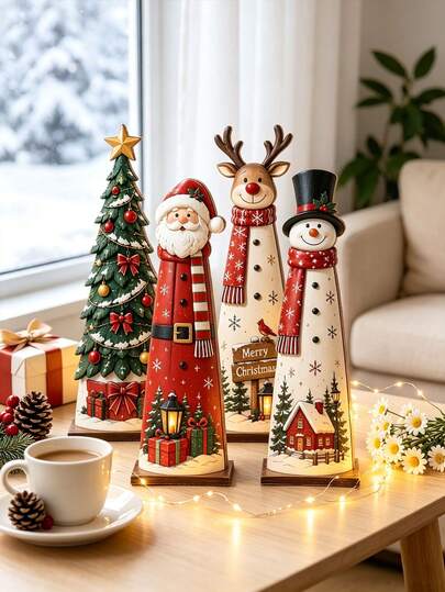 4pcs Christmas Wooden Decorative Signs - Holiday Party Decoration, Festive Gift, Desktop Ornament, Home Decor, Suitable For Christmas, Halloween, Spring Festival, Home And Various Daily Party Scenes; Style Covers Vintage And Pastoral; Patterns Include Santa Claus, Reindeer, Snowman And Christmas Tree; 2D Flat Design