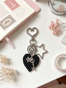 Gothic Heart Polka Dot Keychain, Skull Key Star Hollow Star Swirl Charm Key Ring, Y2K Aesthetic Bag Pendant Accessory With Heart‑Shaped Clasp - Multicolor - View 3