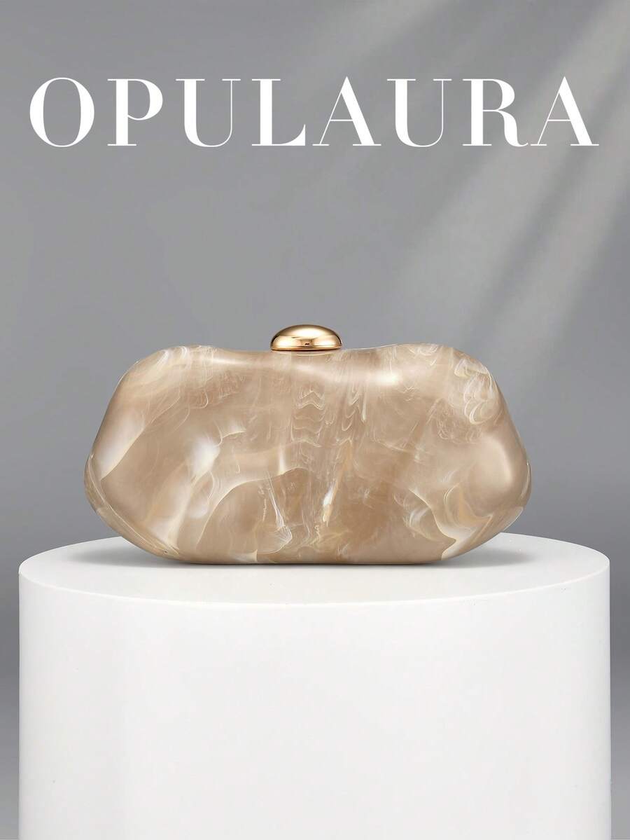 OpulAura 1件金色歐美風女士壓克力晚宴手拿包,不對稱方盒設計搭配對比色搭扣,適合派對、宴會/婚禮、情人節場合 - 杏色 - 查看 1