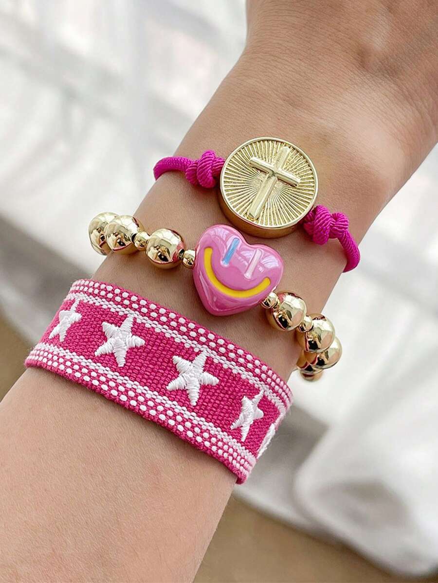 Fashionable And Simple Heart-Shaped Smiling Face Cross Circular Pendant Bracelet With Copper Beads And Fringes. Adjustable Wristband For Women. - Multicolor - View 1