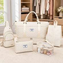 5‑In‑1 Travel Duffel Bag Set Quilted Weekender Tote With Shoe Compartment Cosmetic Pouch Sling Backpack For Travel - White - View 6