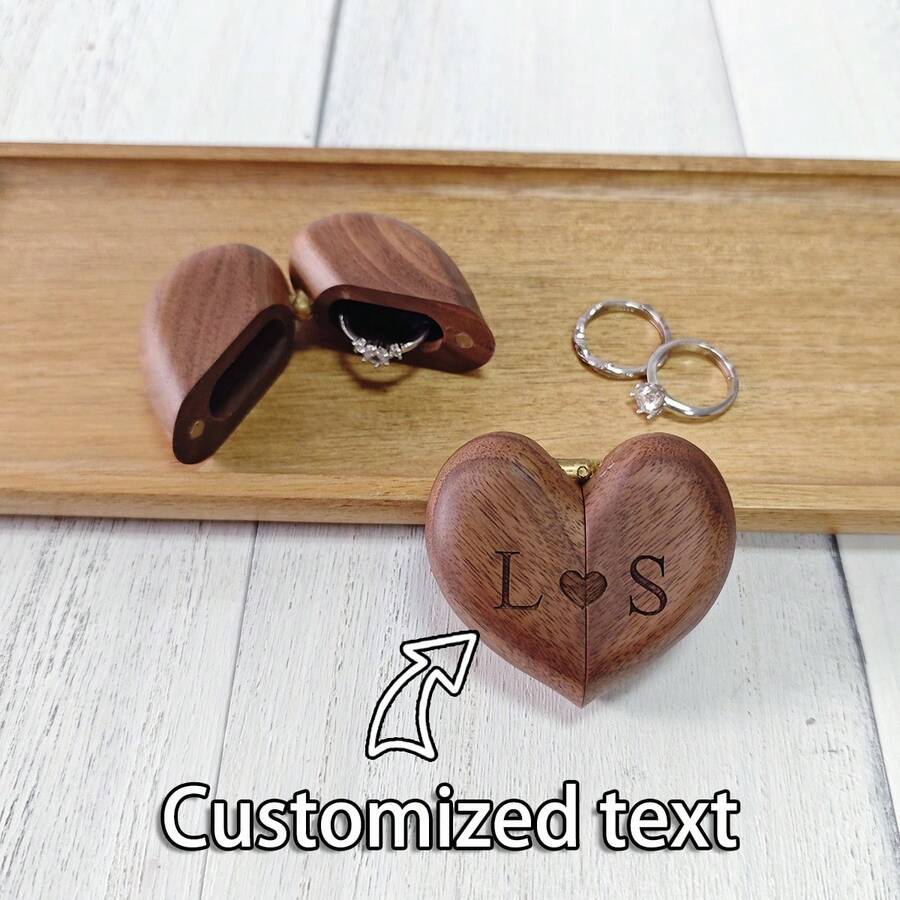 1pc Personalized Hollow Heart-Shaped Wooden Ring Box, Customized Single Slot Heart-Shaped Ring Box, Wedding, Proposal And Anniversary Gift - Multicolor - View 1