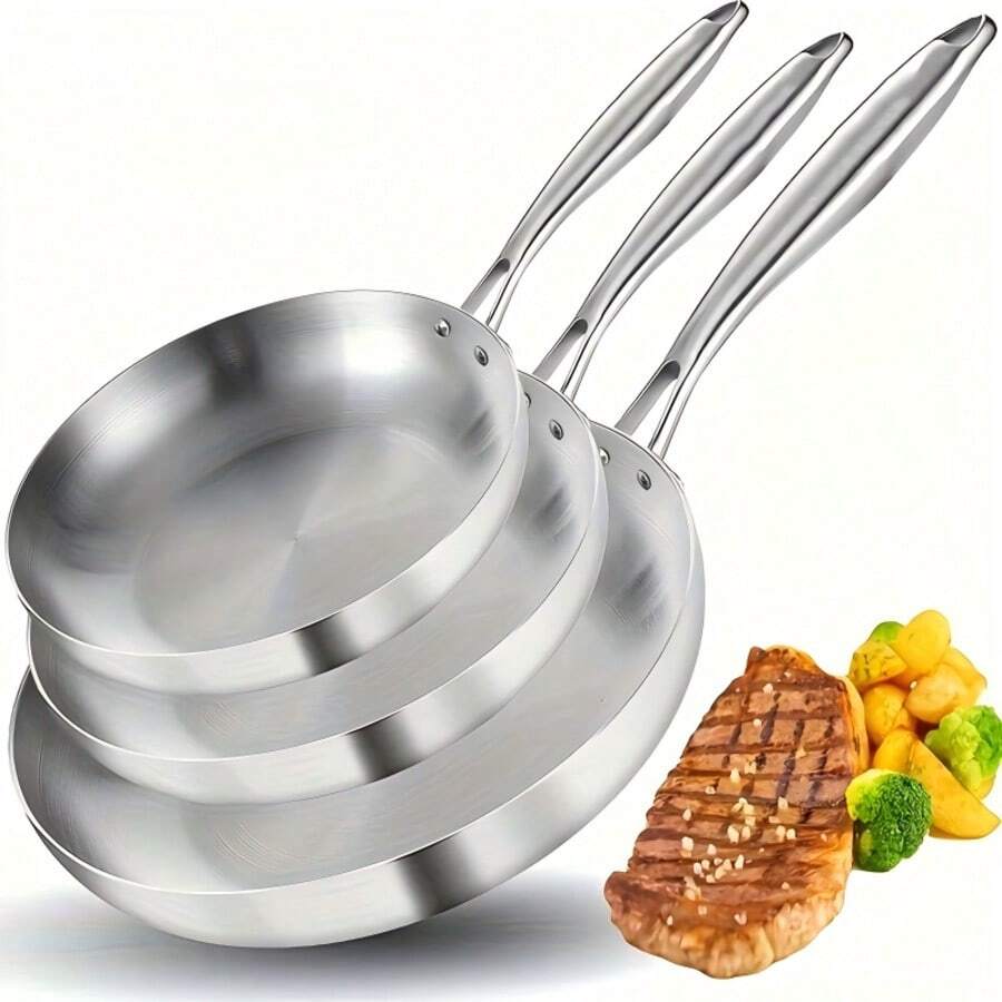 1pc Thick 316 Stainless Steel Frying Pan/Wok/Chef Pan, Multi-Layer Steel Structure Non-Stick Flat Bottom Pan, Even Heat Distribution, Coating-Free, Suitable For Gas Stove And Induction Cooktop