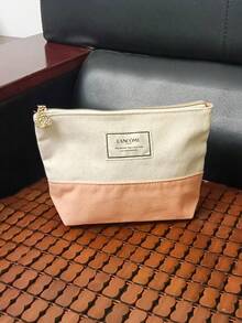 Lancôme Color-Block Canvas Zipper Makeup Bag, Large Capacity Portable Toiletry Bag With Rose Pendant, Commuter Travel Daily Beauty Storage Pouch, Gentle Minimalist Style, Perfect Gift For Bestie Birthday Anniversary Holiday - White + Pink - View 3
